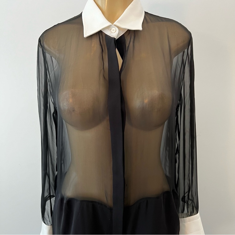 New Valentino Jumpsuit Sz 8 Sheer Tuxedo Silk Long Sleeves - Picture 6 of 10